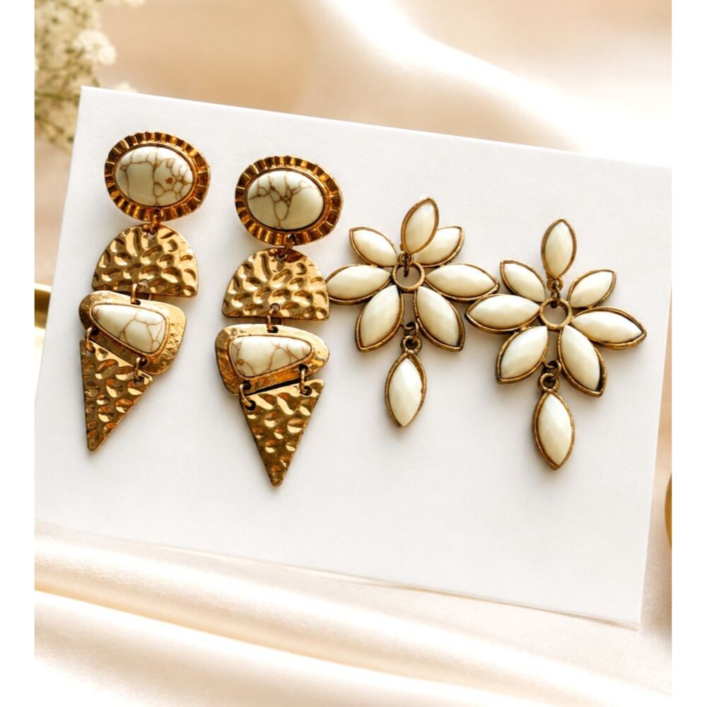 Gold Tone Hammered White Faux Faux Turquoise Marquise Flower Earrings Lot 2 Pair